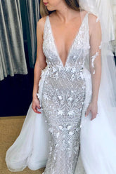 Deep V-Neck Luxury Beaded Mermaid Wedding Dress with Detachable Train